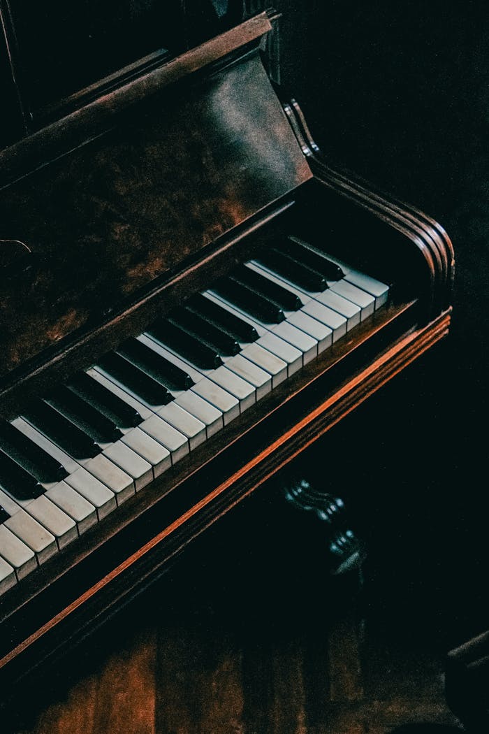 Dramatic, moody vertical shot of classic piano keys in dim lighting. Perfect for music-related themes.